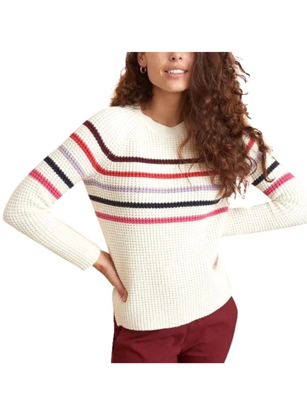 Marine Layer Waffle Delaney Raglan Crewneck Sweater cream/ multi stripes